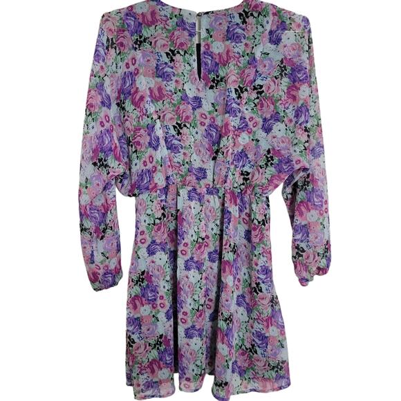 WAYF Mini Dress Sz Small S Spring Purple Floral Long Sleeve Flutter All over - Picture 3 of 11